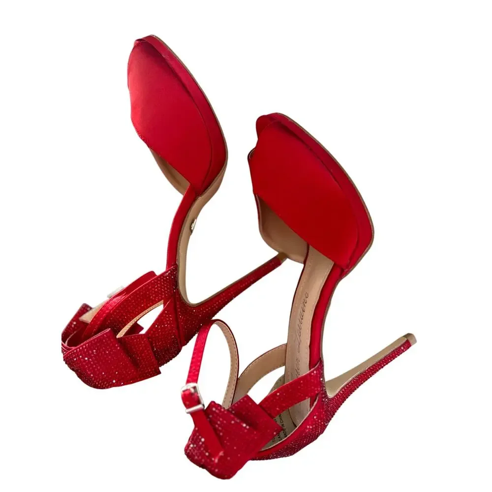 Lauren Lorraine Red Satin & Crystal Embellished Bow Ankle Strap Heels